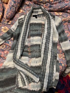 Fox Open-Front Striped Gray, Blue & Cream Women's Cardigan